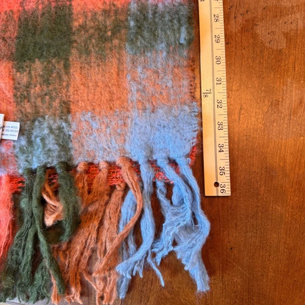 Donegal Design Scarf 11x80 Orange Plaid Wool Blend Irish Handcrafted Fringe